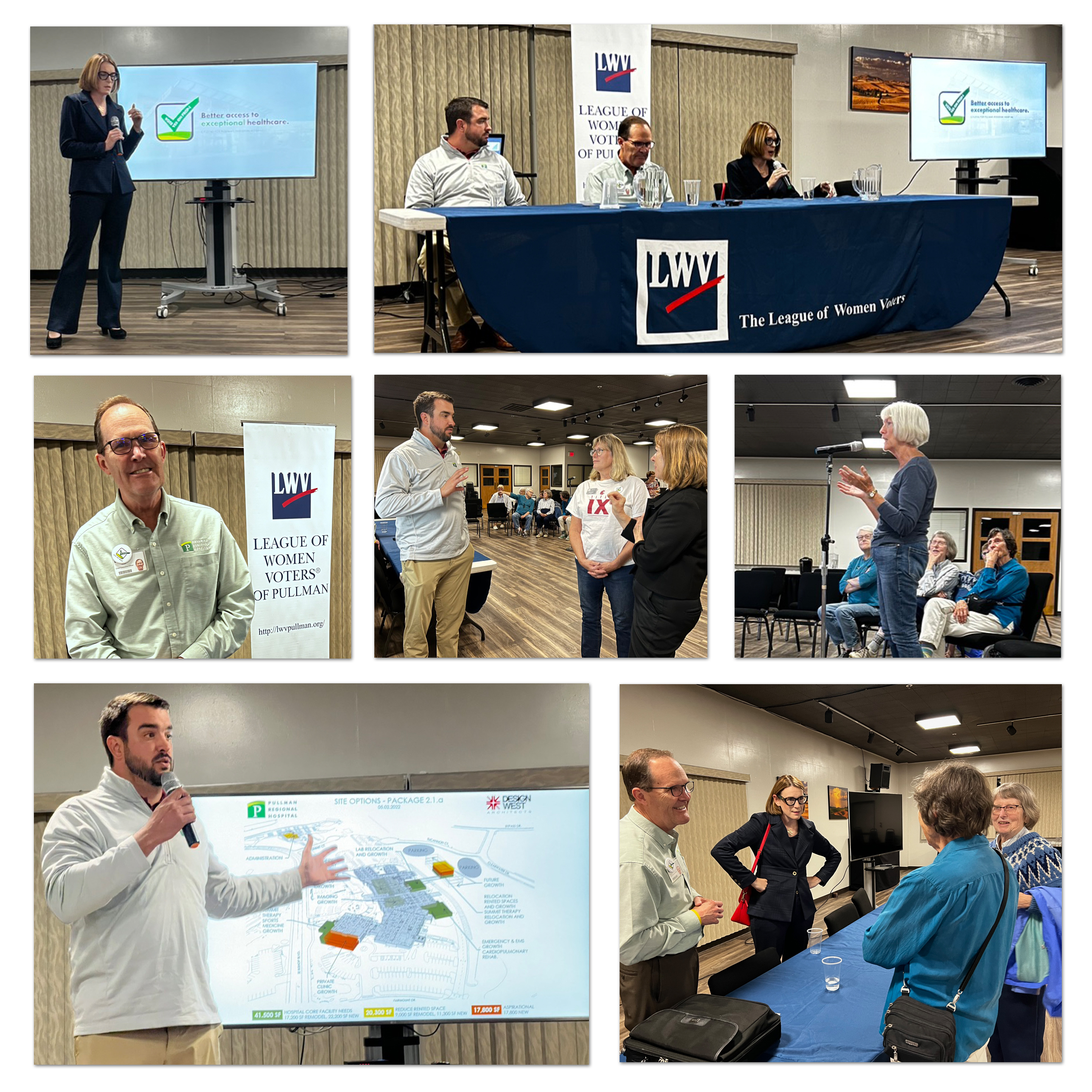 picture collage of Pullman hospital bond talk with speakers Scott Adams, Matt Forge, Dr. Ed Tingstad and Dr. Stephanie Fosback